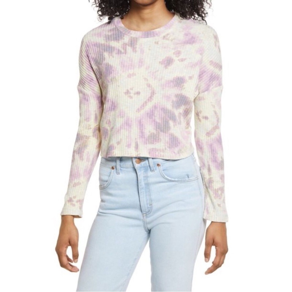 NWOT BP Nordstrom ribbed tie dye crop top longsleeve knit pink green pastel L